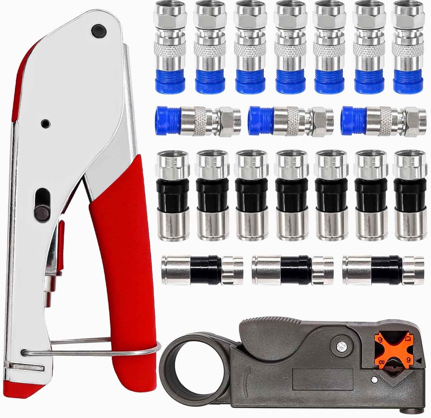 Taiss Coax Cable Crimper Tool Kit: 20 RG59/6 F-style Compression Connectors, Stripper, Compression Tool
