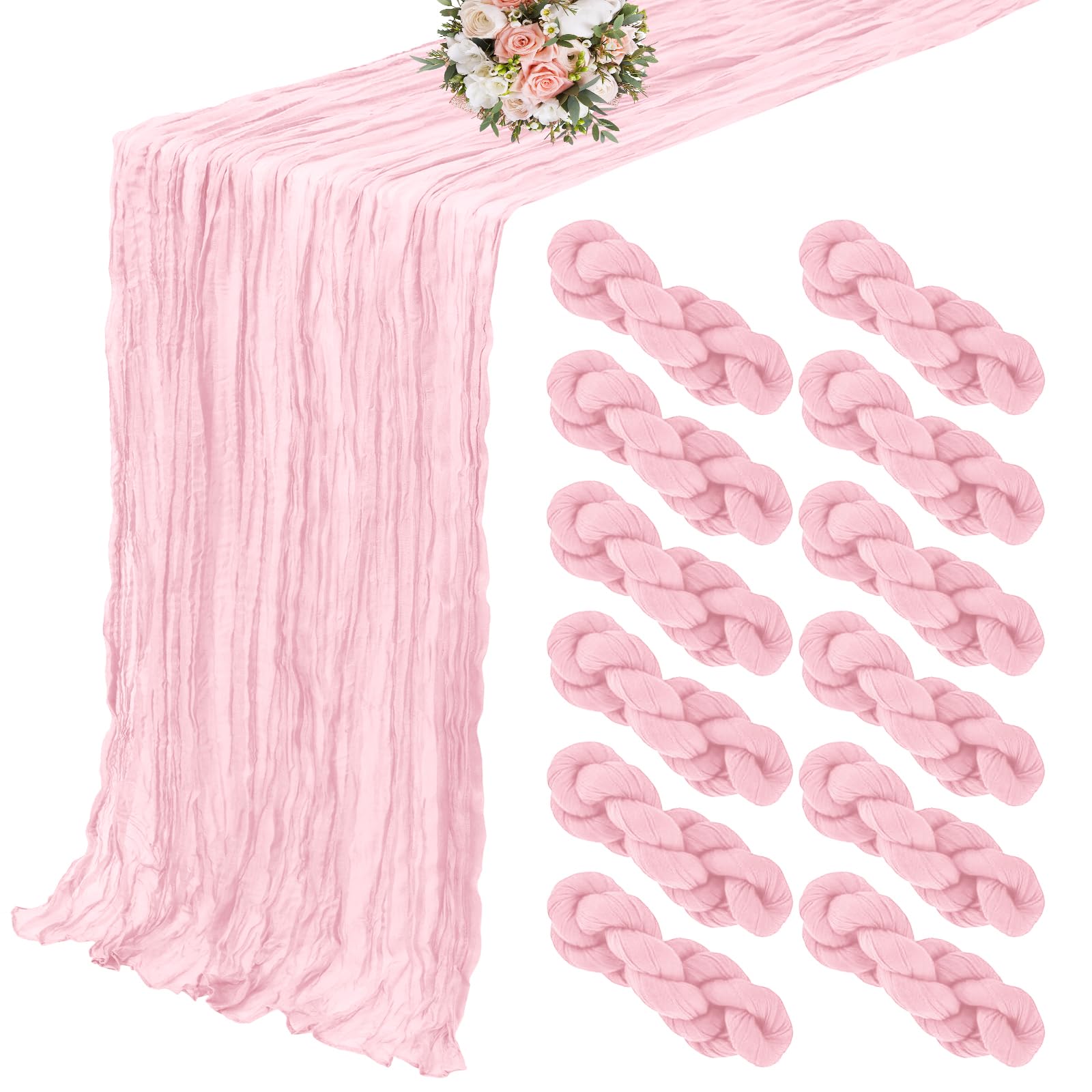 Photo 1 of 12 Pack Cheesecloth Table Runner 20 x 120 inch Cheese Cloth Table Runner Bulk,Romantic Boho Sheer Gauze Fabric Table Runners for Wedding Reception,Party,Bridal Shower Table Decor(Light Pink)