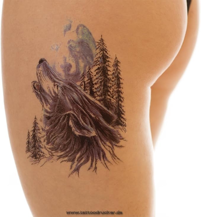 1 x Wolf Wald Mond Tattoo Buntes XL Temporäres Tattoo HB231 (1