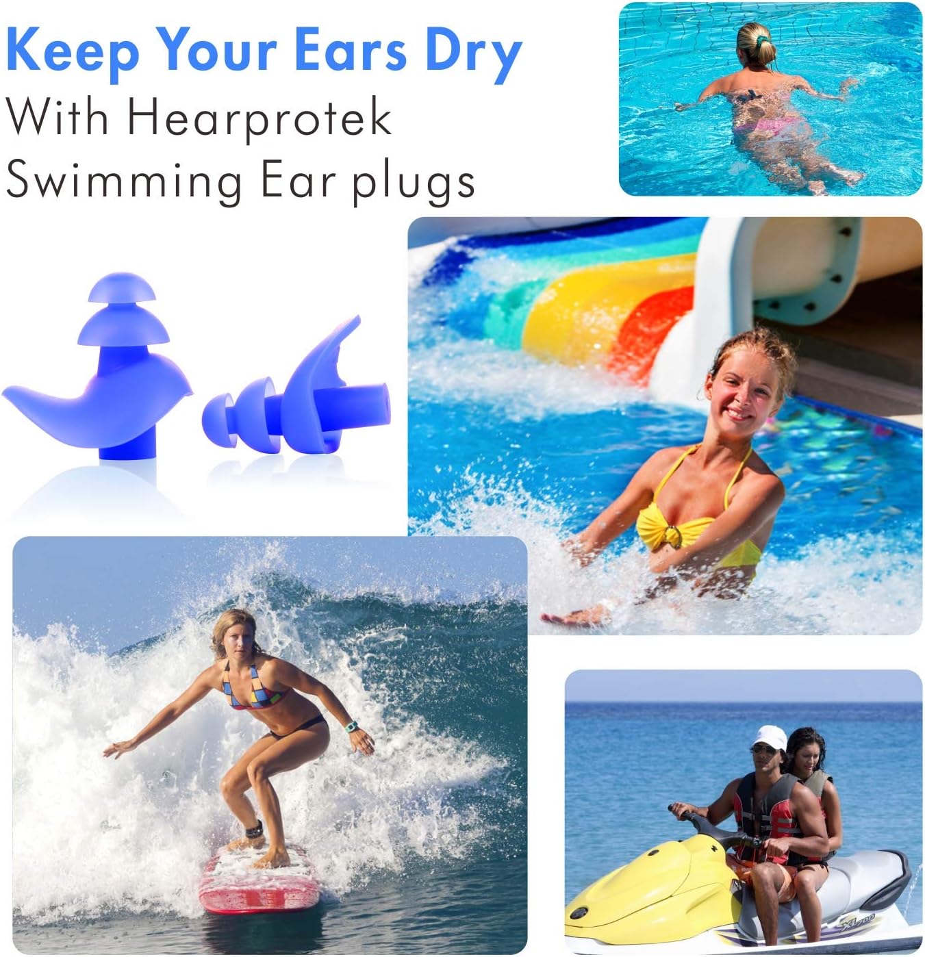 Hearprotek [Upgraded Design Silicone Swimming Earplugs, 2 Pairs Waterproof Reusable Ear Plugs for Swimming Showering Bathing Surfing and Other Water Sports Adult Size (Blue) : Sports & Outdoors