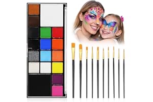 SEABOLL Face Paint Body Paint Kit for Kids Adults-Washable 18 Colors Face Painting Kit with 10 Brushes, Non-Toxic, Skin Safe, Water-Activated for Halloween Makeup Cosplay Costume Party