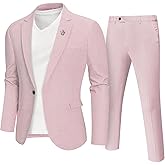 MrSure Mens 2 Piece Regular Fit Linen Suit, Casual Blazer Pants Set, Lightweight Jacket Trouser for Wedding Prom