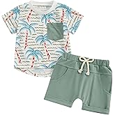 FYBITBO 2PCs Baby Boys Clothes Summer Outfit Short Sleeve Palm Print Top Hawaiian T-Shirt and Shorts Beach Vacation Outfits (B-Green Short Sets,12-18 Months)