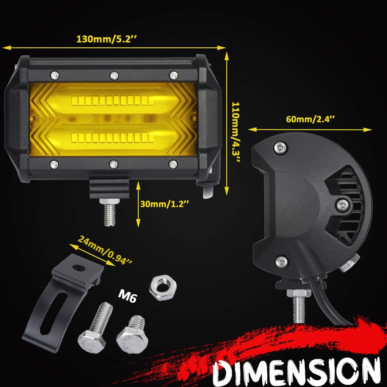 Samlight Yellow LED Light Bar 6D 5 3 Inch Waterproof 7200LM 3000K Flood