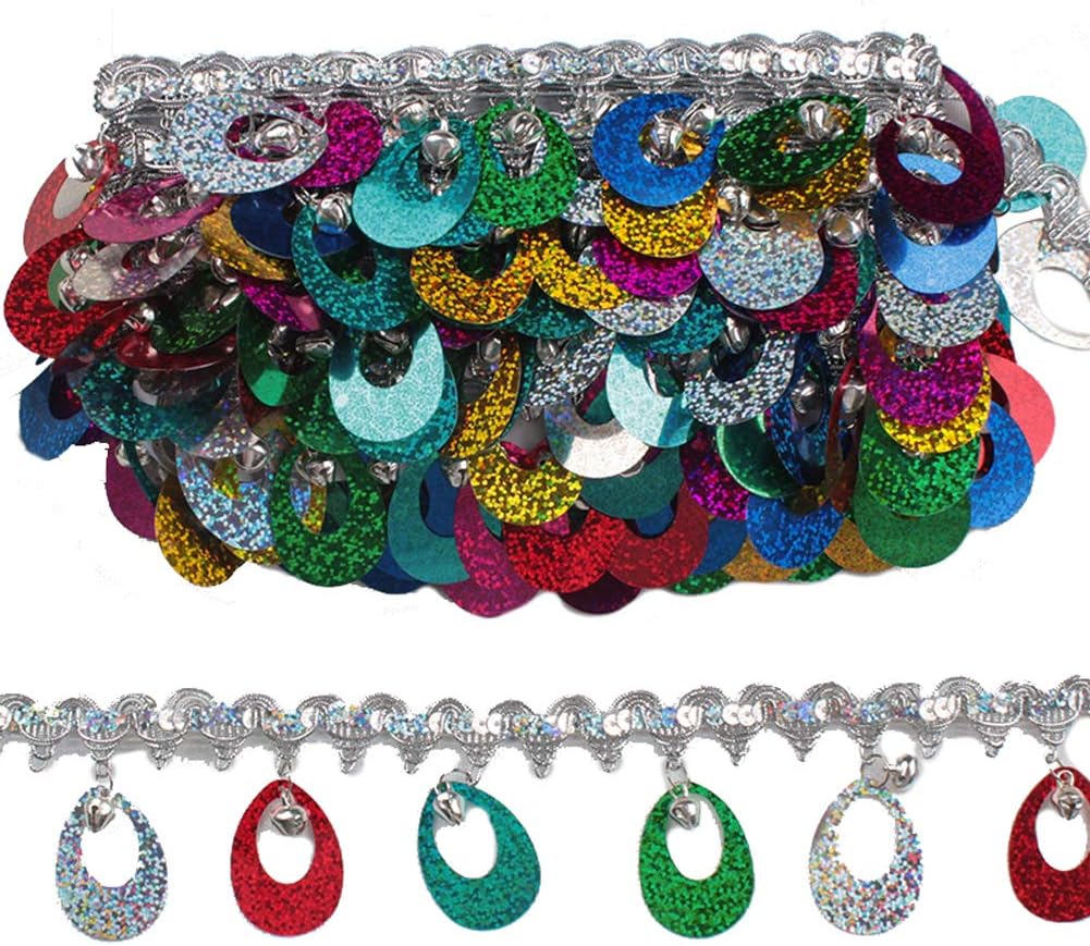 CENFRY10yards 2inch Width Bell Sequins Lace Fringe Trim Tassel Sewing on Dress Clothing Curtain (Silver Colorful)