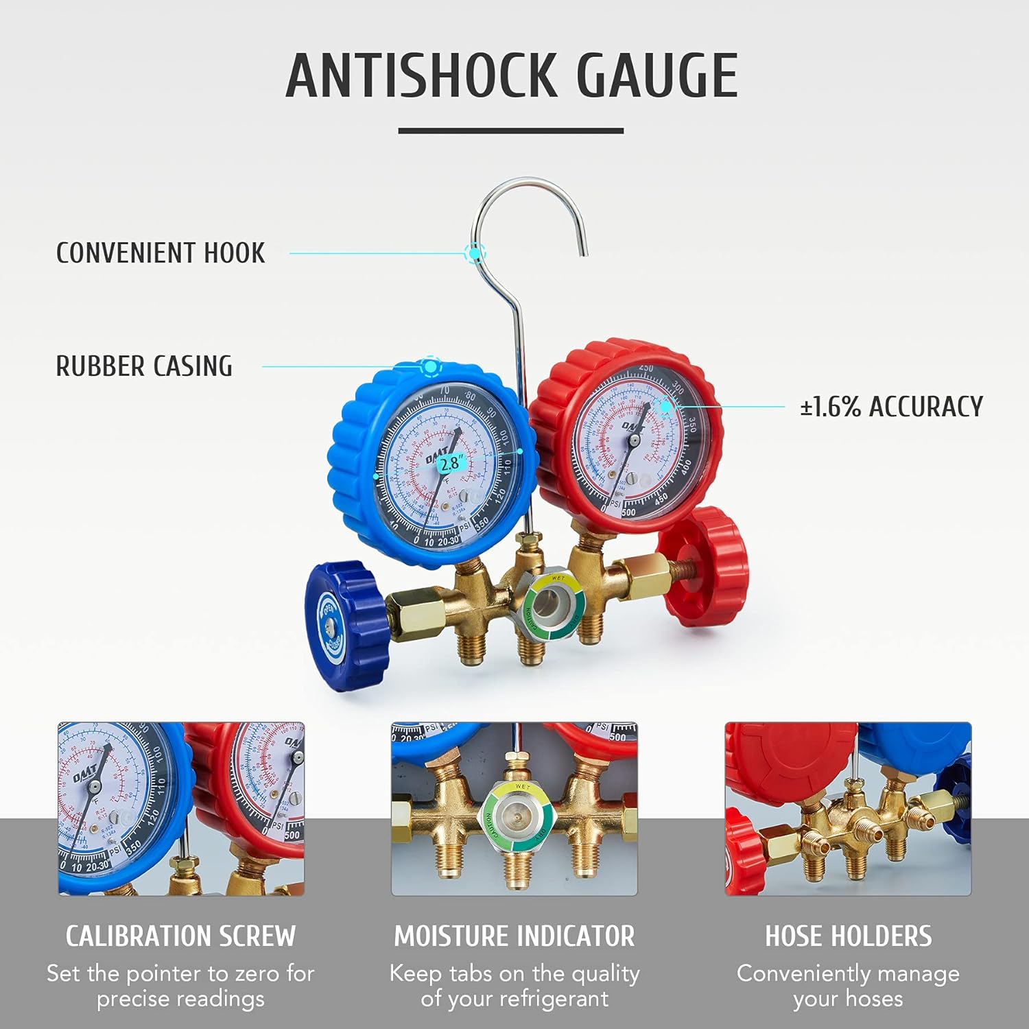 Orion Motor Tech AC Gauges, AC Manifold Gauge Set for R134a R12 R502 Refrigerant, 3 Way Car AC Gauge Set with 5FT Hoses Couplers & Adapter, Puncturing & Self Sealing Can Tap Freon Charge Kit: Automotive