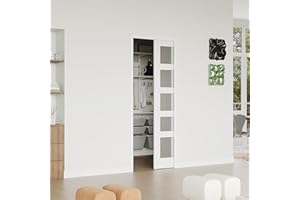 Lakenyon Sliding Pocket Door, 24 in. x 80 in, 5-Panel Frosted Glass with Frame and Hardware Kit Set, Solid Wood & MDF White-Primed Interior Door Slab for Pocket Doors, Pre-Drilled, Easy to Assemble