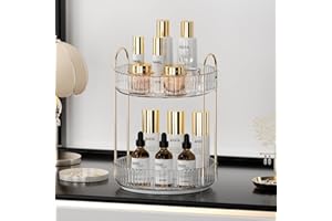 UNICOMVSX Rotating Makeup Organizer for Vanity, Spinning Cosmetics Storage for Bathroom Countertop, Skincare Holder Rack for Facial Cream, Perfume, Lotion, Lipstick (2 Tier, Clear)