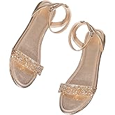 GORGLITTER Women's Metallic Sparkly Flat Sandals Dressy Summer Ankle Strap Open Toe Bridal Wedding Dress Shoes