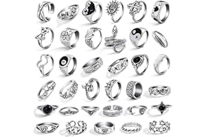 17IF 26-35 Pcs Vintage Silver Knuckle Rings Set for Women Men, Grunge Gothic Rings Chunky Aesthetic Snake Stackable Adjustable Punk Bulky Finger Alt Fairy Skull Frog Heart Star Flower Midi Ring Pack