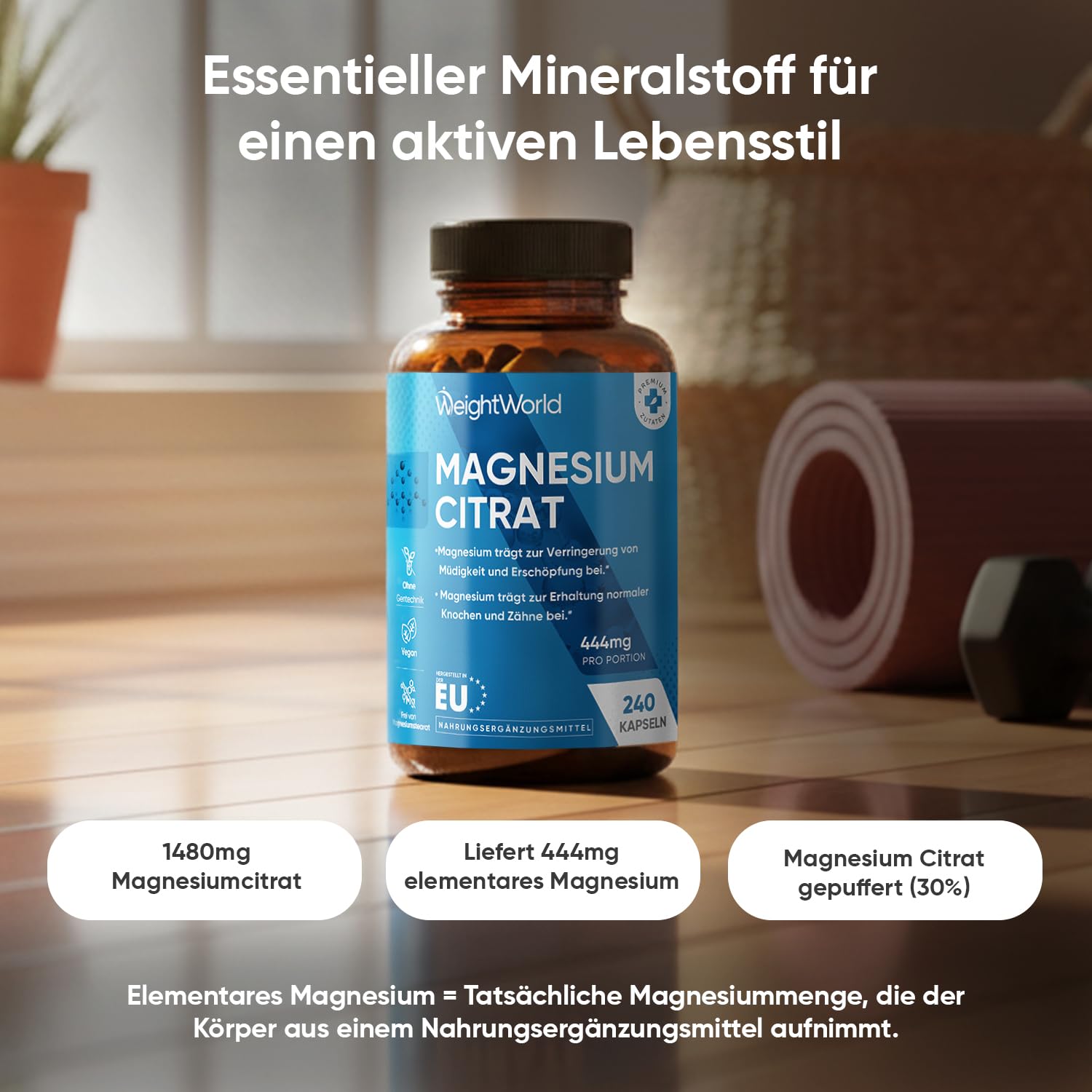Magnesiumcitrat Kapseln gepuffert - 444mg Elementares Magnesium pro Portion - 240 Kapseln - 4 Monate Vorrat - Magnesium trägt zur Verringerung von Müdigkeit & Erschöpfung bei (EFSA) - WeightWorld 2