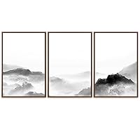 SIGNWIN 3 Piece Framed Canvas Wall Art Mountain with Fog Canvas Prints Home Artwork Decoration for Living Room,Bedroom - 16