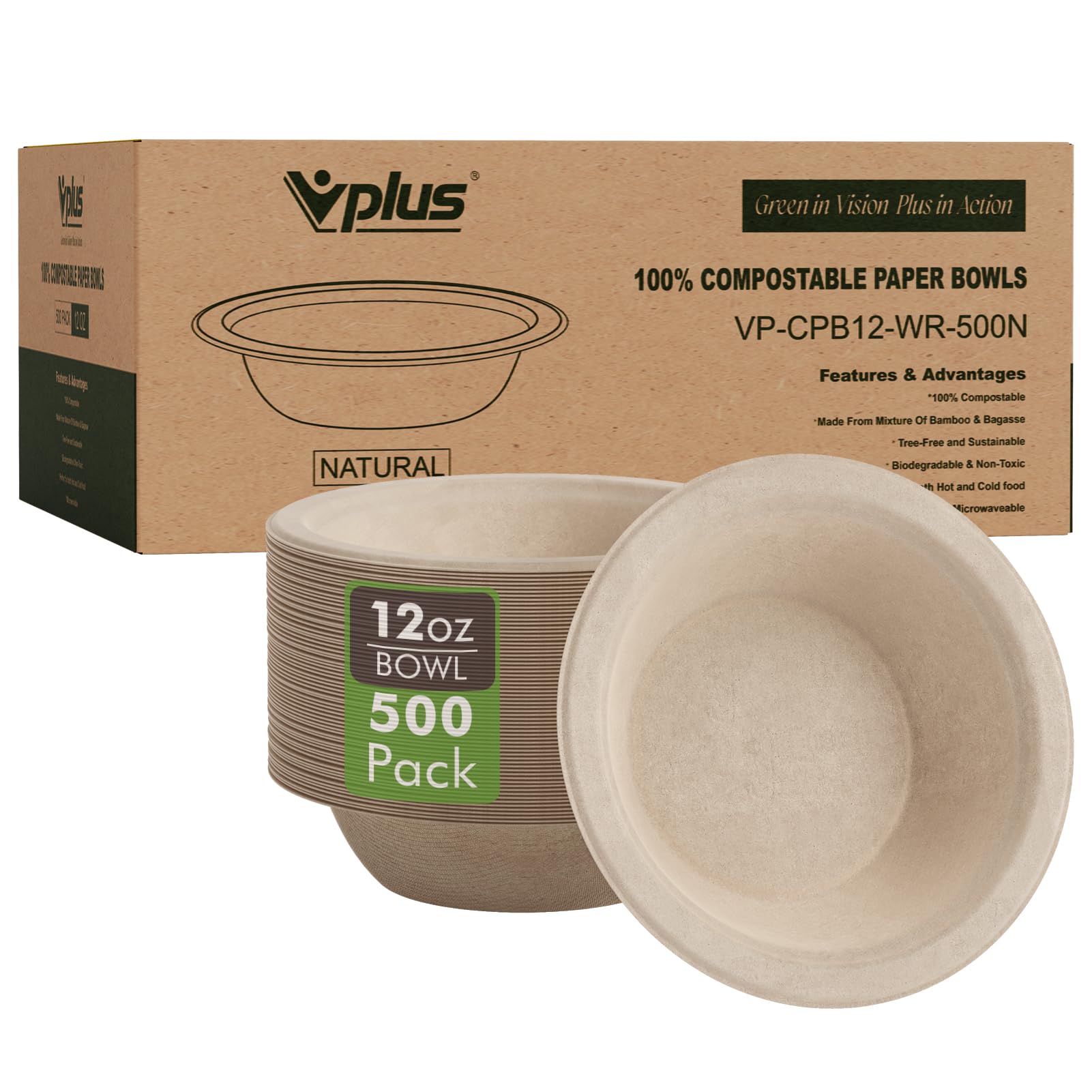 Photo 1 of Vplus 500 Pack 12 OZ Paper Bowls, Disposable Compostable Bowls Bulk, Eco-friendly Bagasse Bowls, Heavy-duty Bowls Perfect for Milk Cereals, Snacks, Salads Nature