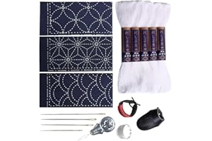 DARUMA Sashiko kit, Yokota Sashiko Thread, Needles and Template Yume Fukin with Original English Manual, Thimble Sewing Set, Fabric, Japanese Textile (White Thread / Navy Dishcloth)