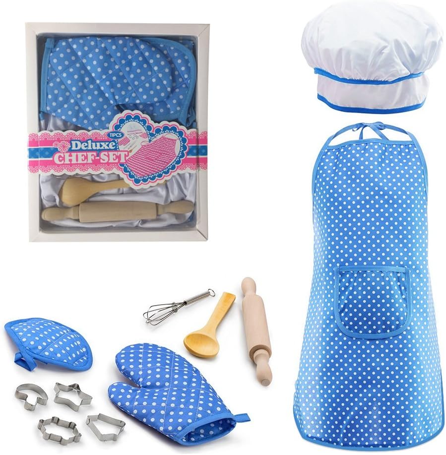Per 11pcs Kids Baking Set, Children Bakeware Kit Include Apron,Oven Glove,Eggbeater, Cookie Cutters Real Baking Supplies Kitchen Chef Costume For Children-Blue