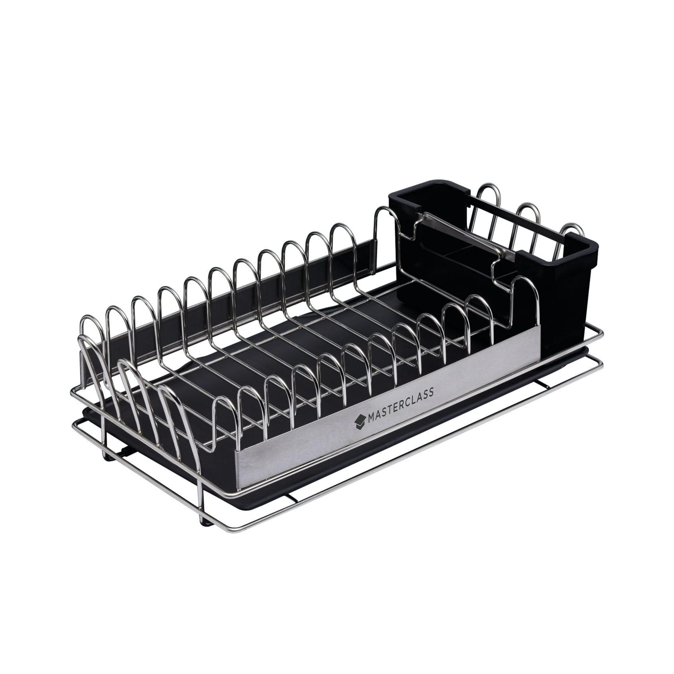 MasterClass Small Stainless Steel Dish Drainer Rack with Cutlery Drainer, 41 x 22 x 13 cm, Silver/Black