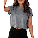 Crop Tops for Women Summer Short Sleeve Loose Fit T Shirts Casual Round Neck Rolled Basic Tees