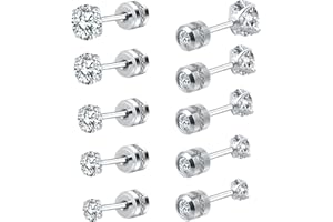 GILLNA 5 PACK Titanium Studs Earrings Screw Back for Women Men Stainless Steel Hypoallergenic Tiny Cubic Zirconia Tragus 20G Piercing for Sensitive Ears Simulated Diamond Cartilage Titanium Earrings