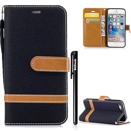 iPhone SE Handyhülle,BtDuck Denim Leder Schwarz Slim Tasche Brieftasche Damen Geldbeutel Weihnachtsgeschenke Frauen Mamas Sta