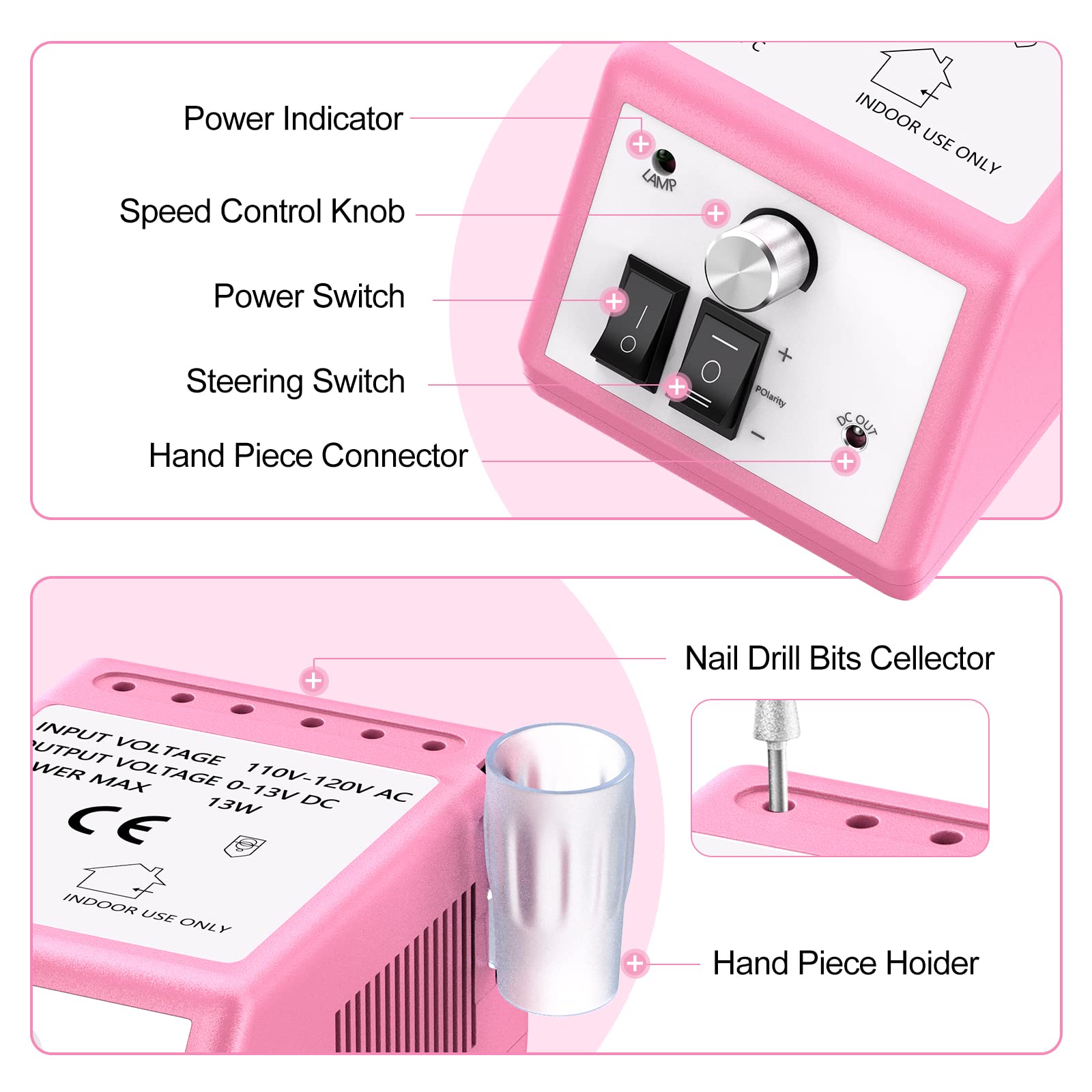 20000RPM Electric Nail Drill Professional Nail File Drill Acrylic Nails Kit for Manicure Gel Nail Polish Remover with 1 Pack of Sanding Bands(Pink) - Image 5