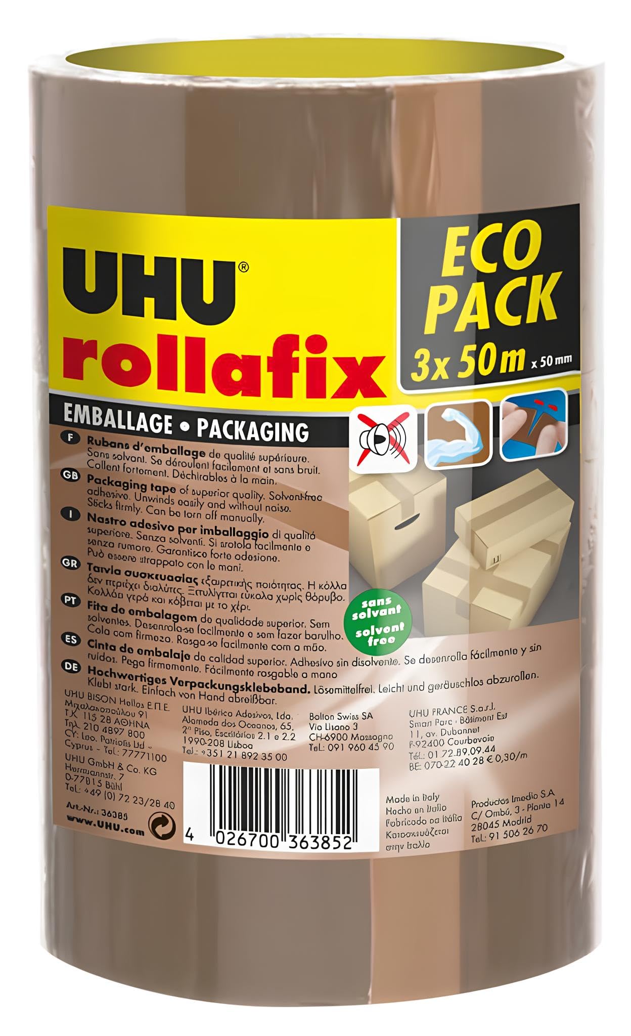 UHU Rollafix Packing Tape, Packaging Tape, Brown, 3 x 50 m