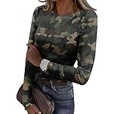 Womens Long Sleeve Stretch Crewneck Ribbed T-Shirt Camo Print Fitted Casual Basic Tee Tops