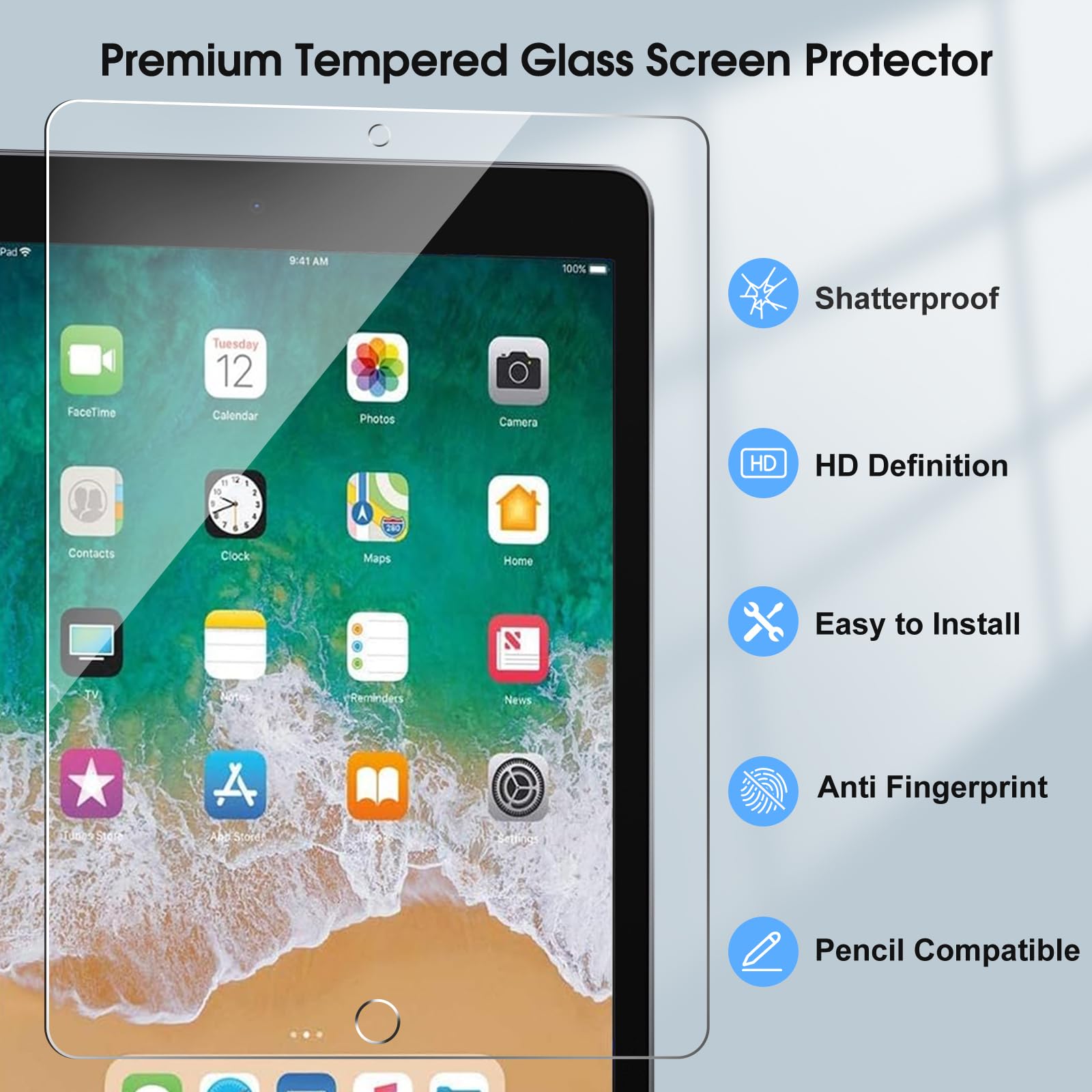 2 Pack Screen Protector for iPad 6th 5th Generation 9.7 Inch 2018/2017, Tempered Glass Compatible with iPad Air 2/Air 1/iPad Pro 9.7, Anti-Scratch 9H Hardness Apple Pencil Compatible