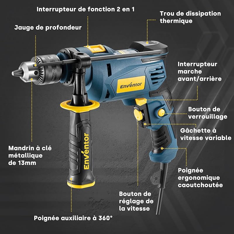 Perceuse à Percussion Filaire 750W, poignée pivotante à 360°