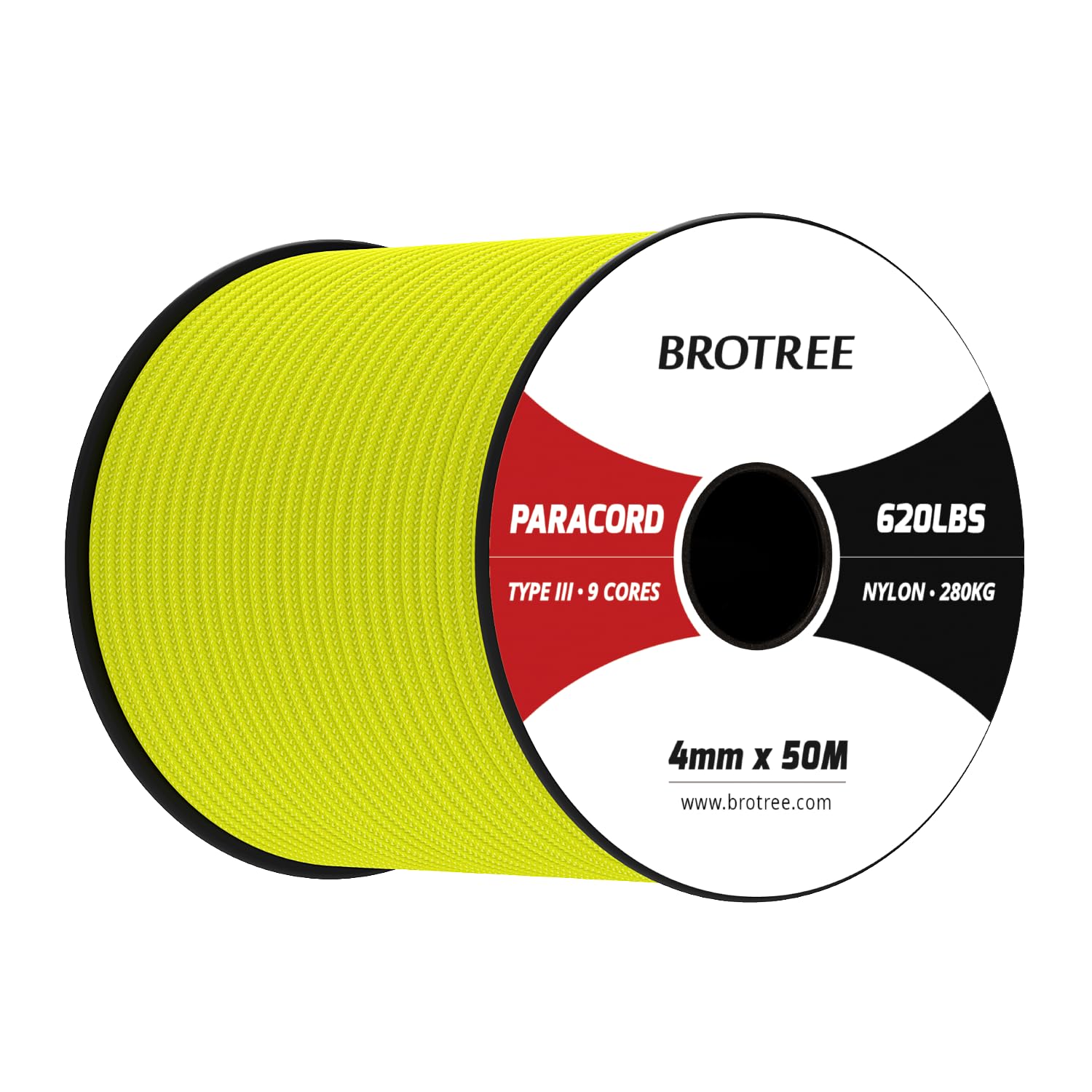 Brotree Paracord 4mm 50M 9 Strands 100% Nylon Rope Type 3 Parachute Cord for Outdoor, Bracelet, DIY - 280kg Breaking Load (Neon Yellow)