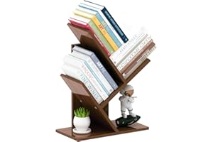ZRWD Tree Bookshelf, 3-Tier Small Book Storage Organizer Shelves Floor Standing Bookcase, Wood Storage Rack for Office Home School Shelf Display for Cd/Magazine（Dark Walnut ）
