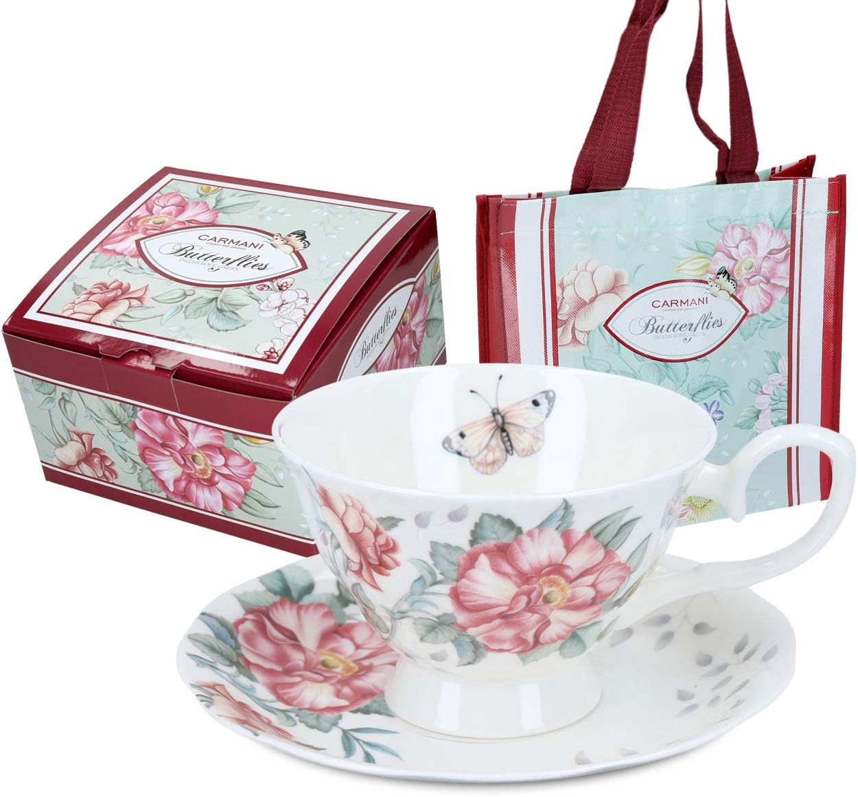 CARMANI - Cup with Saucer Decorated with Flowers and Butterflies 220 ml