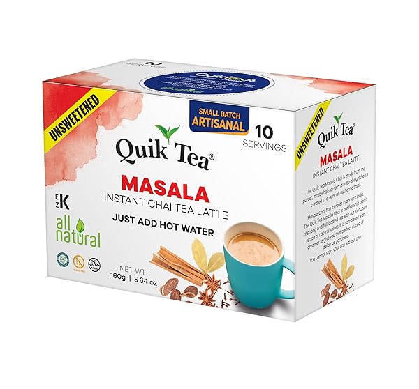 QUIKTEA VEGAN UNSWEETENED MASALA INSTANT CHAI TEA LATTE – 10 COUNT SINGLE BOX – CONVENIENT, EASY AYURVEDIC DAIRY FREE ALTERNATIVE – ALL NATURAL NON GMO SUPERFOOD