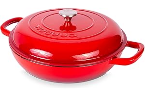 Shallow Cast Iron Casserole with Lid – Non Stick Dutch Oven Pot, Oven Safe up to 500° F – Sturdy Ovenproof Stockpot Cookware – Enamelled Cooking Pot – Red, 5-Quart, 32cm – by Nuovva