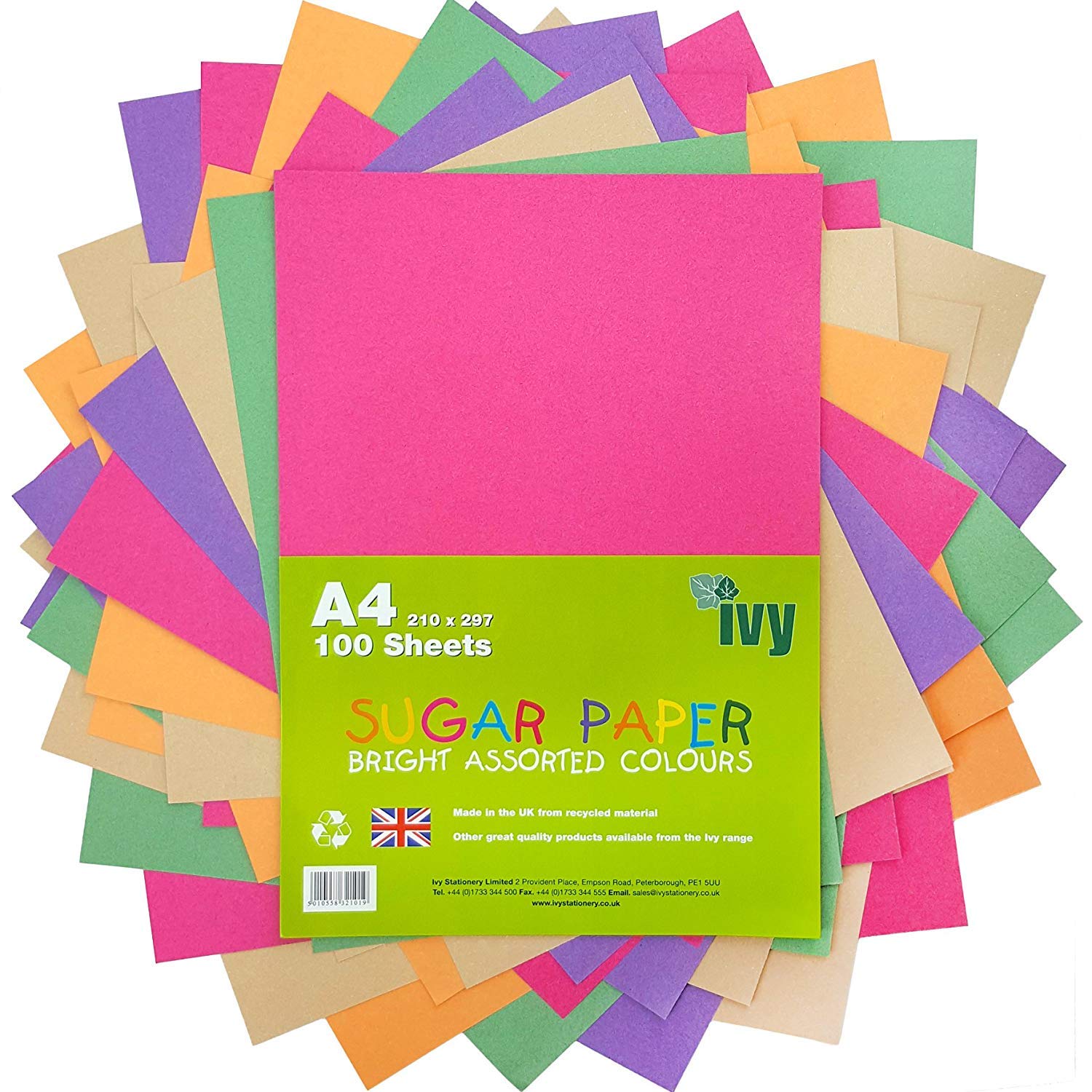Sugar Paper A4-100 x Bright Coloured Sheets - 100Gsm - 21001 - Made in The UK by IVY Stationery