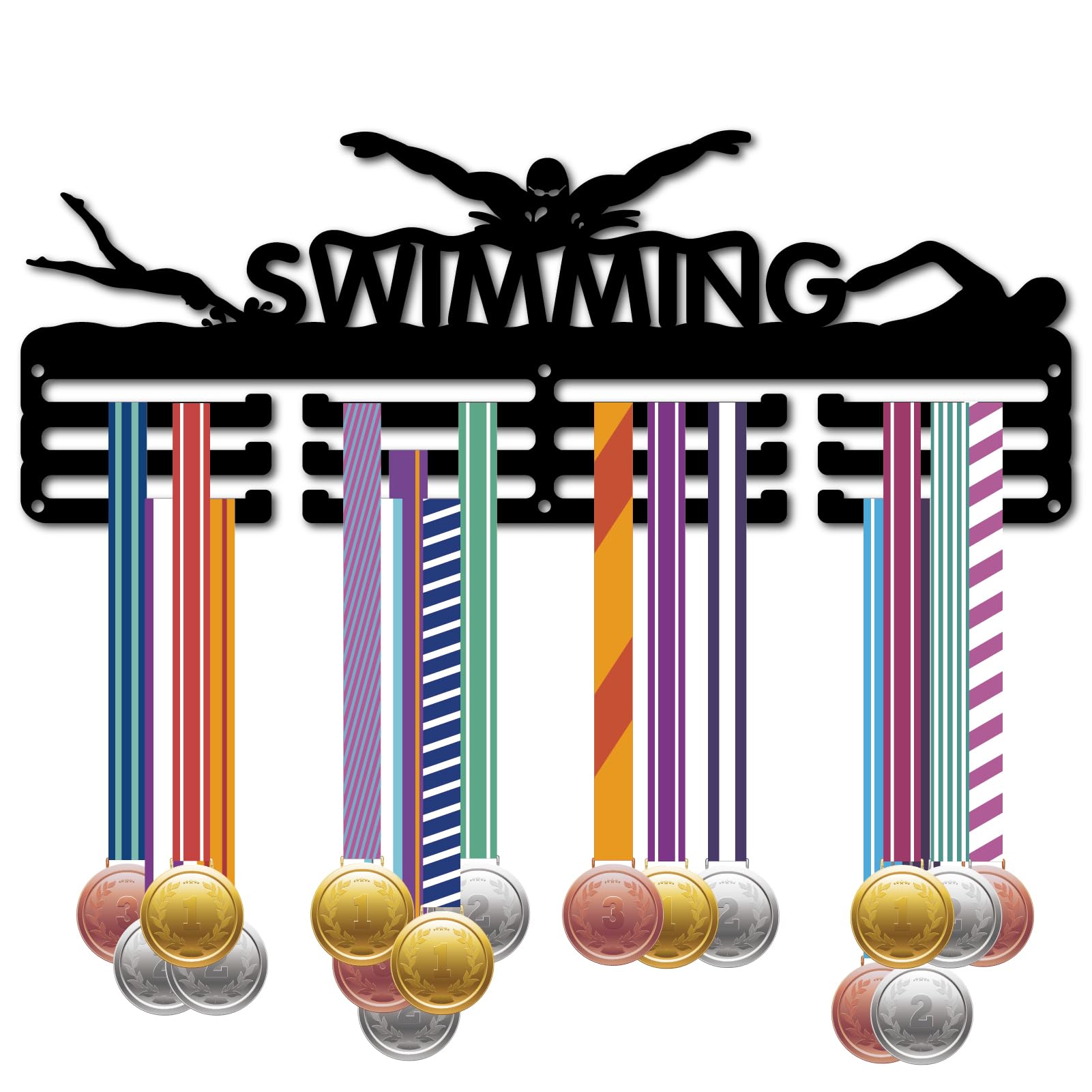 CREATCABIN Swimming Medal Holder Display Hanger Medal Wall Mount Frame Shelf Sports Medals Hanger Black Wall Decoration Medal Organizer Rack for Hanging 60 Medals Ribbon Awards Race 15.7 x 6Inch