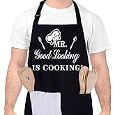 XLSXEXCL Funny Aprons for Men, MR GOOD LOOKING IS COOKING, Professional Kitchen Cooking Apron Chef Husband Bib Aprons With Double Pocket Adjustable for Father's Day Birthday Gift