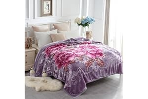 JYK Queen Size Korean Mink Blanket, 5 LB Fleece Bed Blanket - 2 Ply Reversible 520GSM Silky Soft Plush Warm Blanket for Autumn Winter, A&B Pattern Printed, (Queen 75"x87", Light Purple Peony/Peony)