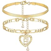 YANODA Gold Ankle Bracelets for Women Waterproof, 14k Gold Plated Layered Snake Anklets Figaro Chain Letter Initial Anklets Handmade Heart Ankle Bracelets Personalized for Women Beach Jewelry Gifts