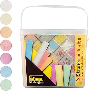 Idena 60042 - Straßenmalkreide in eckiger Box mit Henkel, 20 Stangen in 7 Farben, zum Bemalen von Asphalt, Pflaster oder Beton