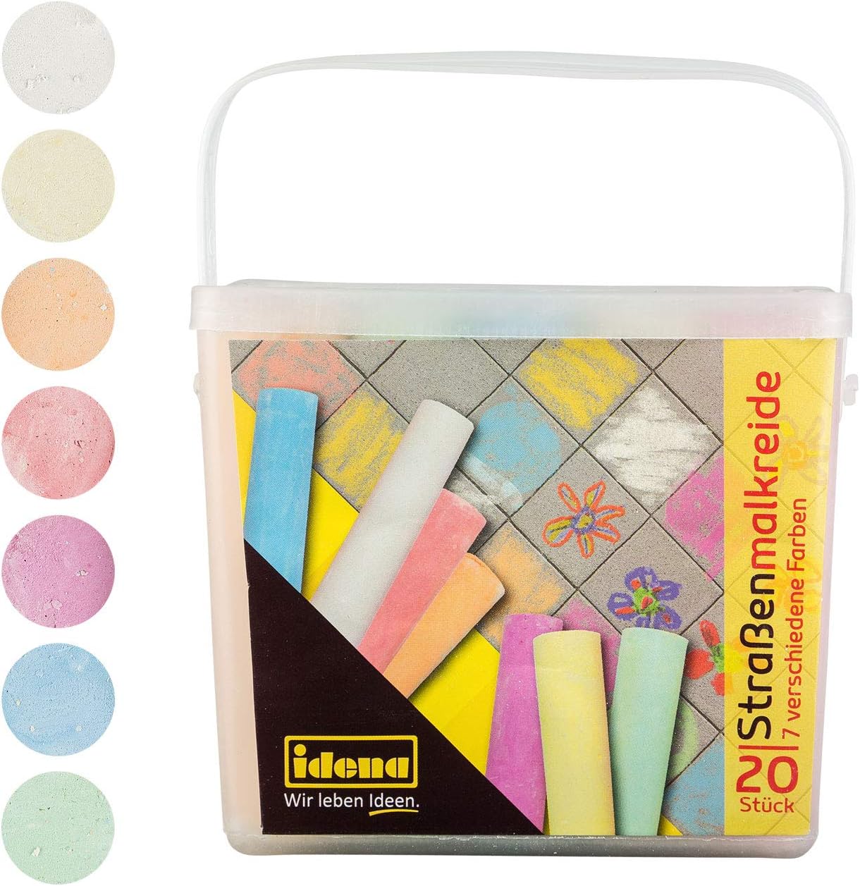 Idena 60042 - Straßenmalkreide in eckiger Box mit Henkel, 20 Stangen in 7 Farben, zum Bemalen von Asphalt, Pflaster oder Beton