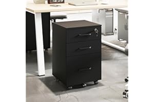 ALBSL File Cabinet with Lock,3 Drawer Wood Rolling Filing Cabinets Under Desk for Home Office, Office Storage Cabinet fits Letter/A4 Size,Mobile Filing Cabinet Printer Stand,Black