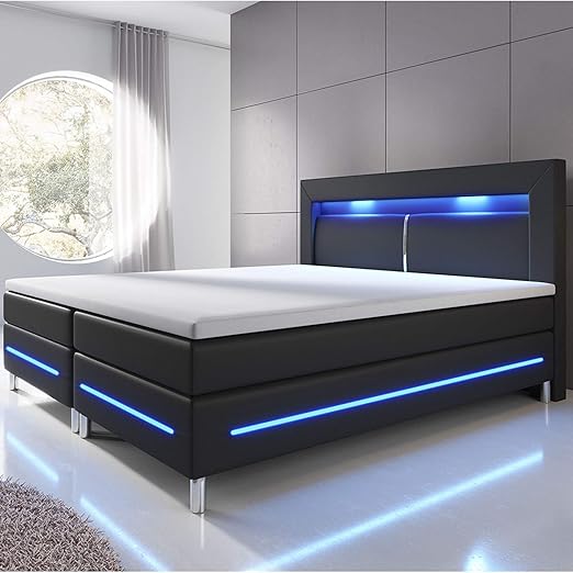 ArtLife Boxspringbett Norfolk 180 x 200 cm schwarz - LED-Streifen und Federkernmatratze