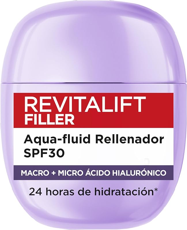 L'Oréal Paris Revitalift Filler Aqua-fluid SPF30 Filler, 24h de hidratação* com proteção solar UV, ácido hialurónico e niacinamida, absorção em 3 segundos, textura clara, formato de bolso, 40ml
