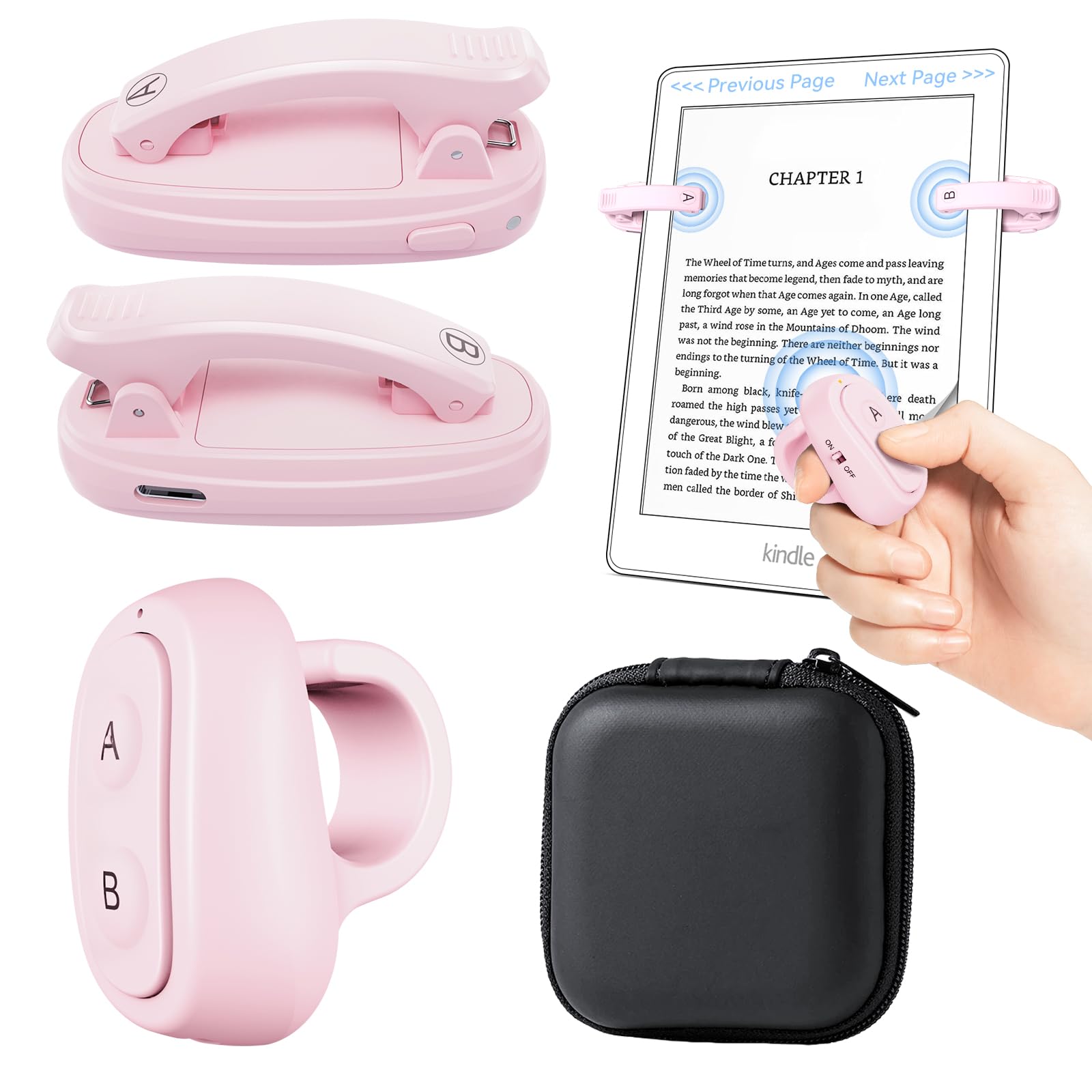 Photo 1 of [2 Clips] Finger Ring Kindle Page Turner Remote Control for Paperwhite: Rechargeable Wireless Clicker for Reading on Bed for iPhone Android iPad, Camera Shutter & Video Record Accessories (Pink)