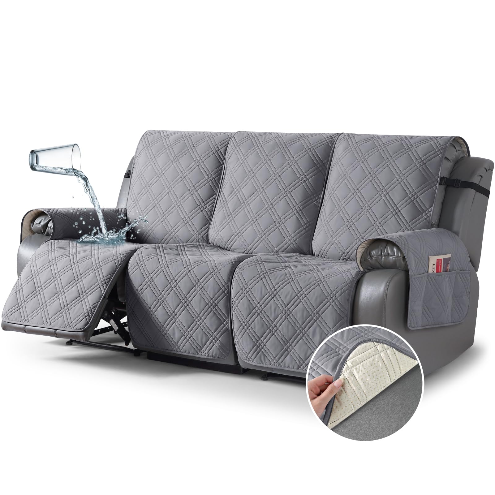 Photo 1 of TAOCOCO 100% Waterproof Recliner Sofa Cover, Non Slip Split Couch Covers for Reclining Couches with Elastic Straps, Washable Reclining Sofa Cover Furniture Protector for Kids Pets(3 Seater, Gray)