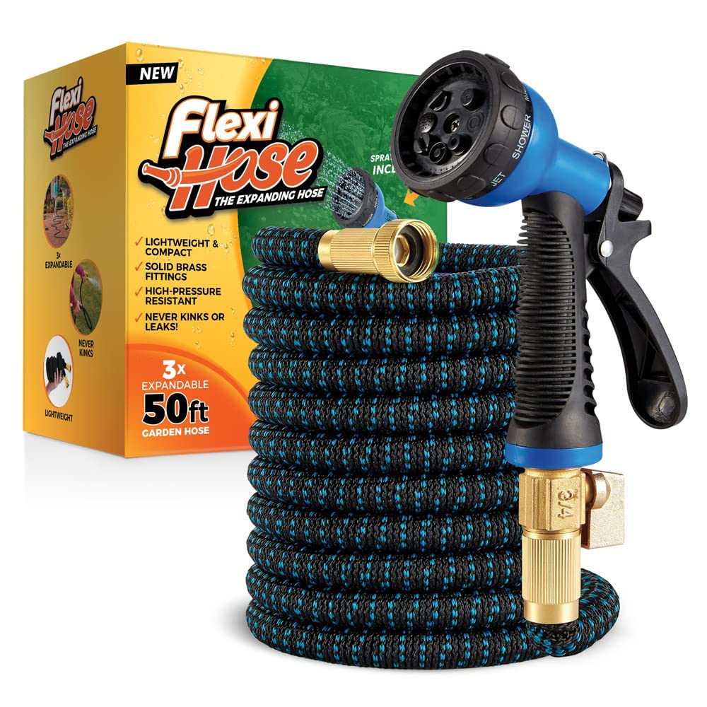 Photo 1 of Flexi Hose with 8 Function Nozzle, 50FT - Lightweight Expandable Garden Hose, No-Kink Flexibility, 3/4 Inch Solid Brass Fittings and Double Latex Core