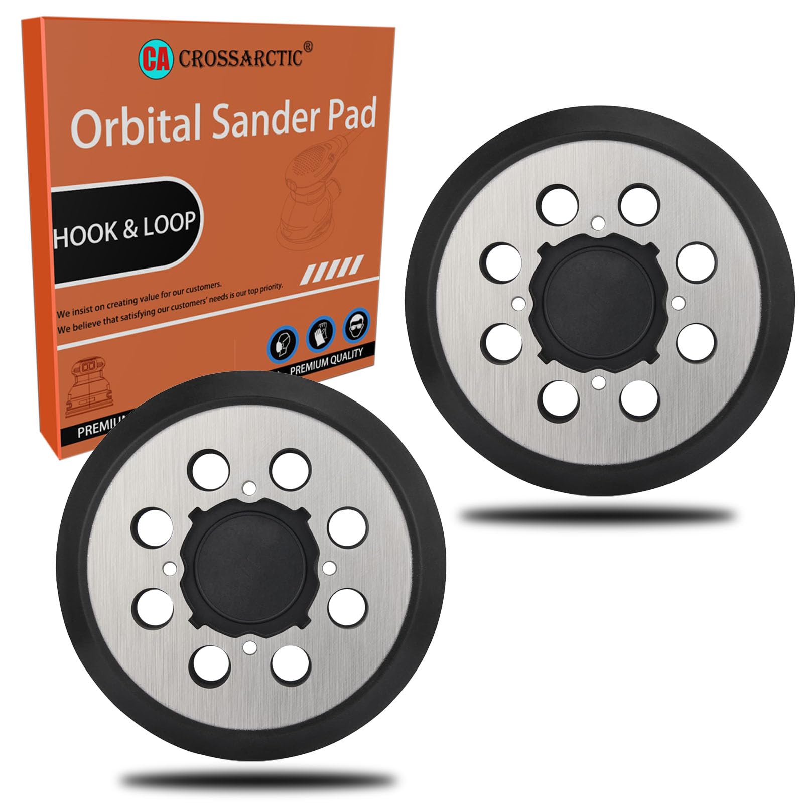 Photo 1 of Crossarctic 2 Pack Orbital Sander Replacement Pad for DeWalt DWE6421 6421K DWE6423 6423K DCW210B DWE64233 N329079, 5 Inch 8 Hole Hook and Loop Metal Replacement Pads for Orbital Sander