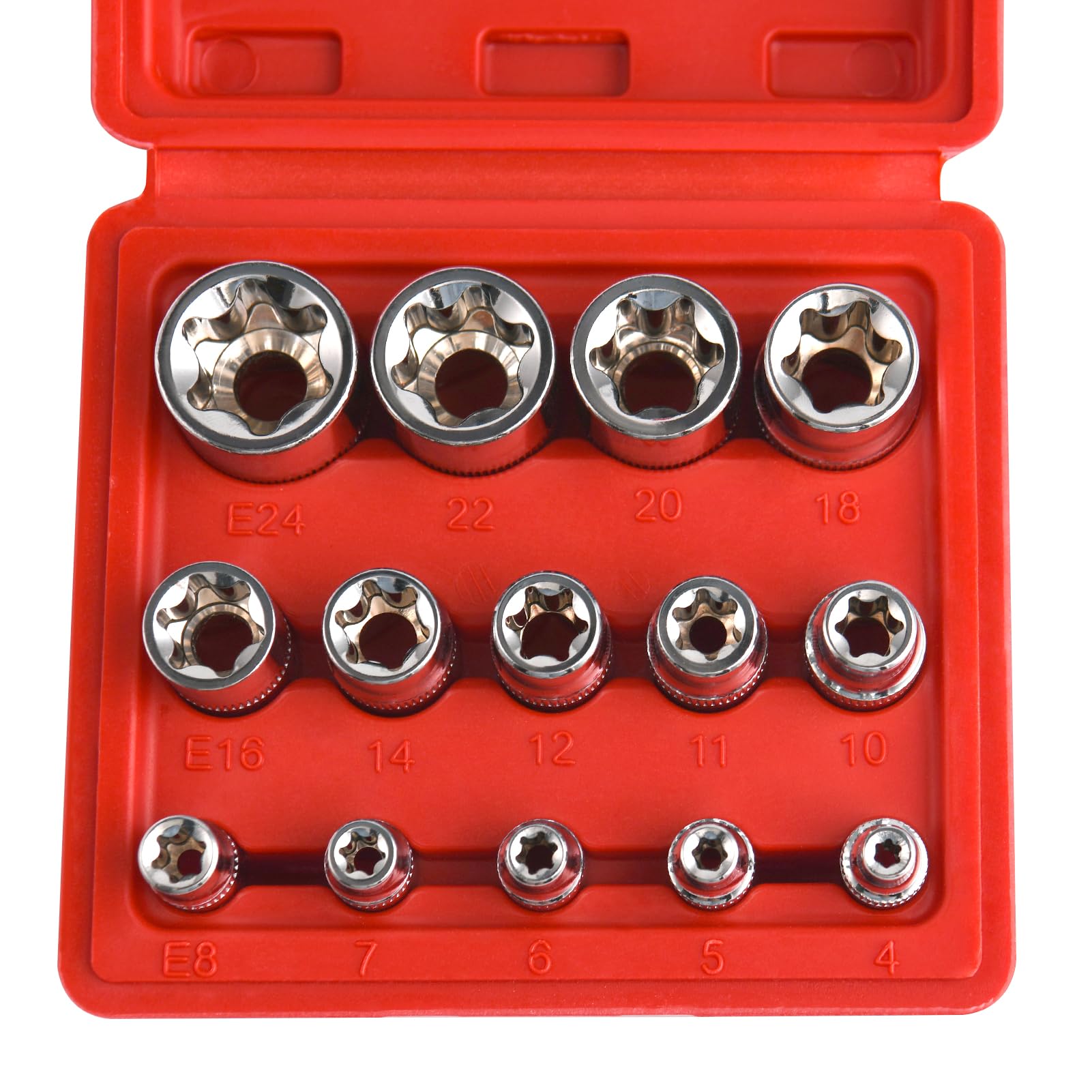 LEONTOOL 14-Piece E-TORX Socket Set E4-E24 Female External Star Socket Set with Storage Case, 1/4" 3/8" 1/2" Drive External Torx Socket Set Torque Socket Set for Working with Impact Wrench, Cr-V Steel