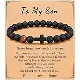 Embtrem to My Son Bracelet from Mom Dad To My Grandson Cross Black Onyx Bracelet Black Leather Stack Tiger Eyes Bracelets Inspirational Faith Christian Birthday Jewelry Gifts for Mens Son Grandson