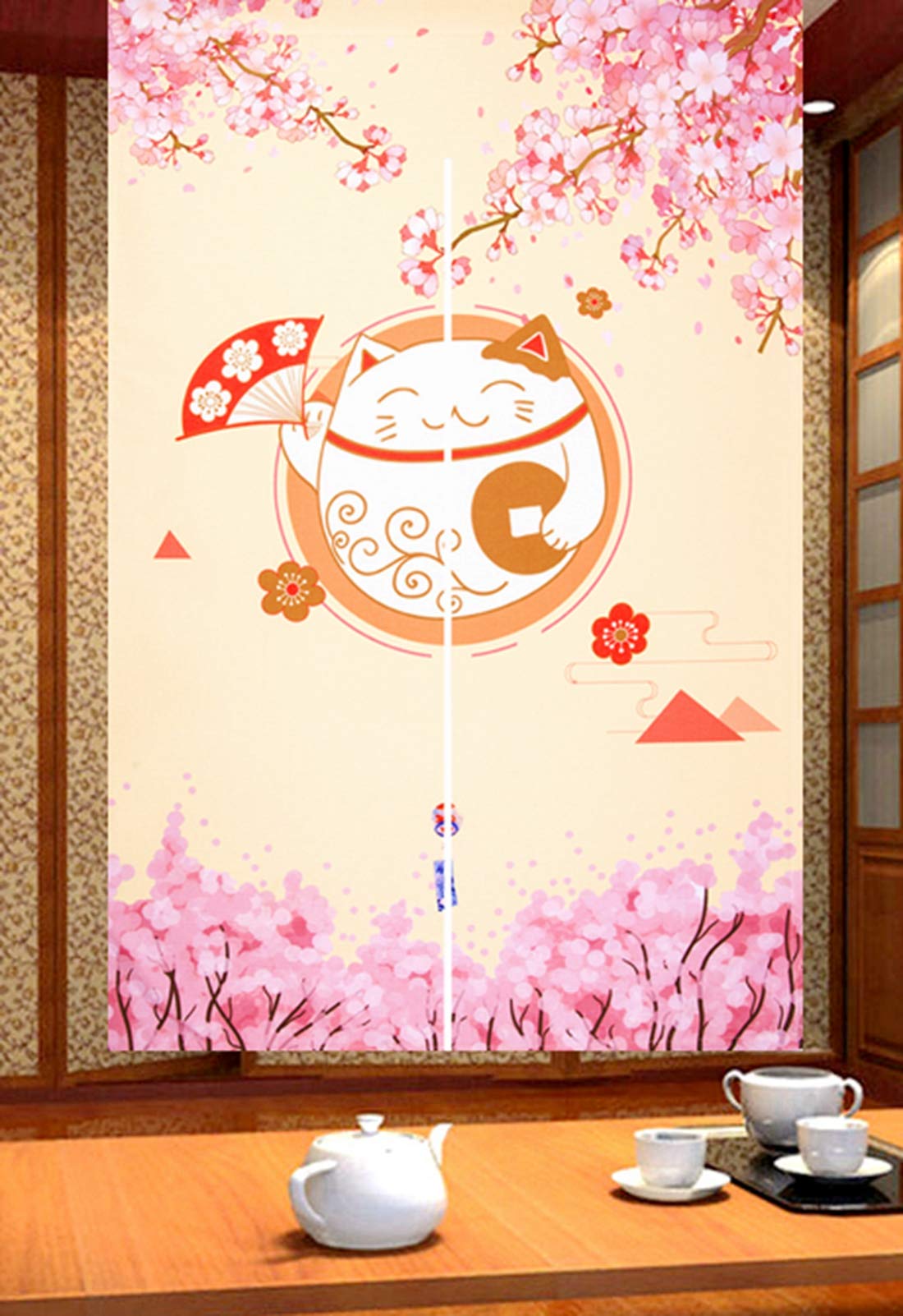 LIGICKY Japanese Style Noren Long Doorway Curtain Fortune Cat & Cherry Blossom Hanging Door Tapestry for Home Decoration, 85 x 150 cm